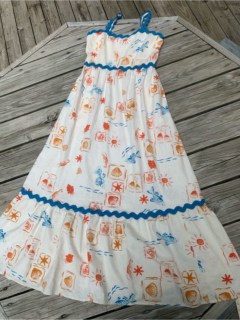Tiered linen blend maxi dress Ricrac trim beachy boho vacation XS - Picture 11 of 12